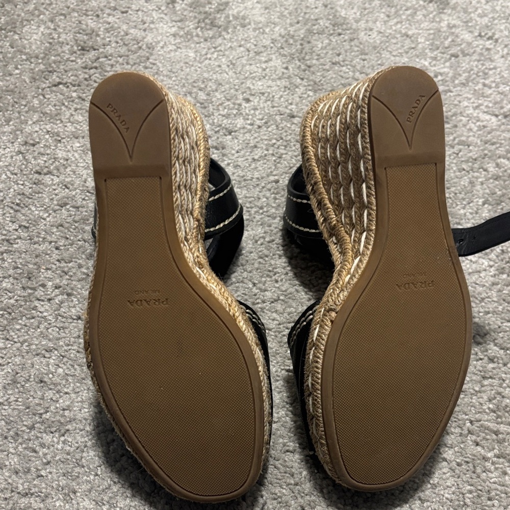 Prada Black Leather Wedge Sandals with Espadrille Detailing - Picture 4 of 5